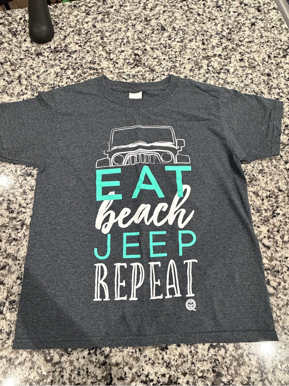 Gildan Charcoal Graphic Tee with Teal & White 'Eat Beach Jeep Repeat'